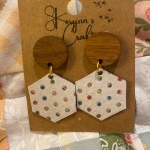 Wood and Leather Rainbow Polka Dot Earrings